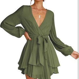 Cosonsen Army Green Long Sleeve Mini Dress